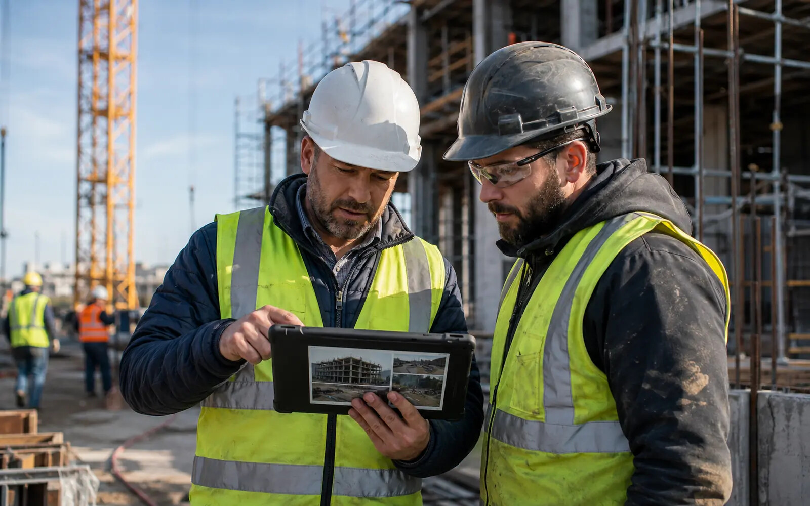 Construction professionals coordinating project plans and field activity at an active jobsite.