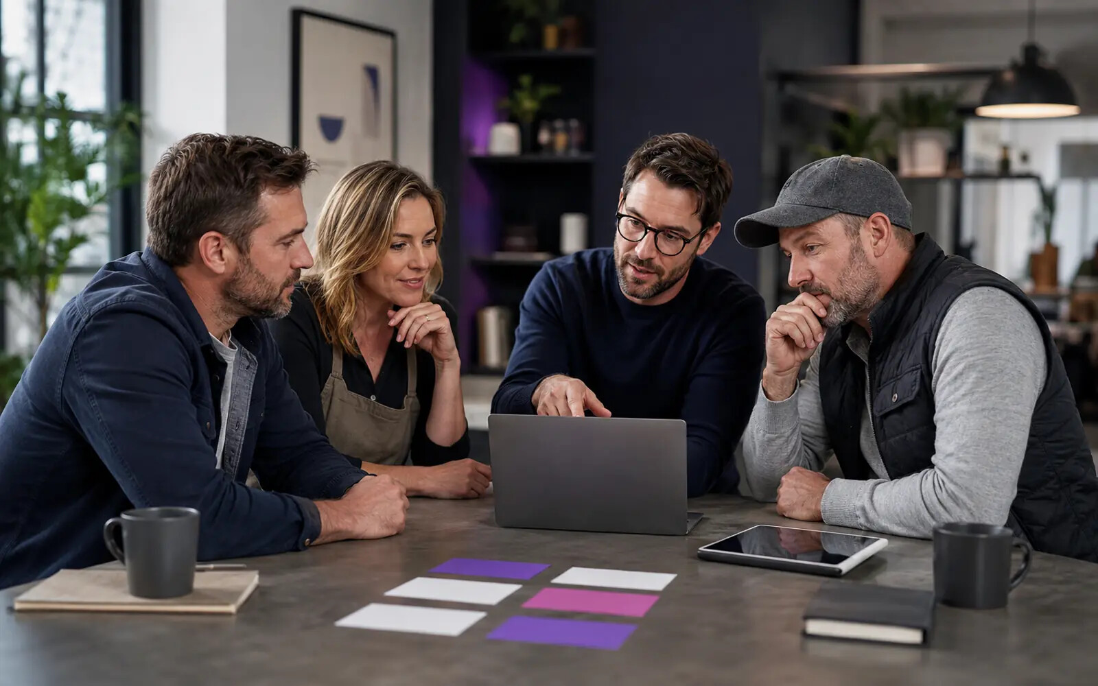 A business team reviewing a website on a laptop.
