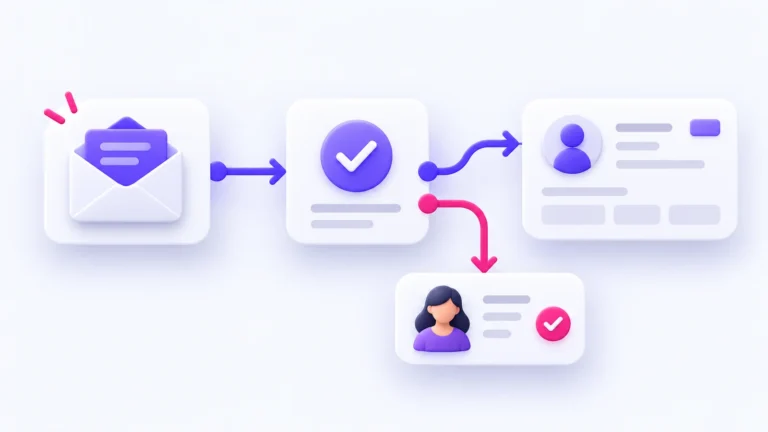 Illustration of an enquiry moving through validation to a CRM record, with an exception routed to human review.