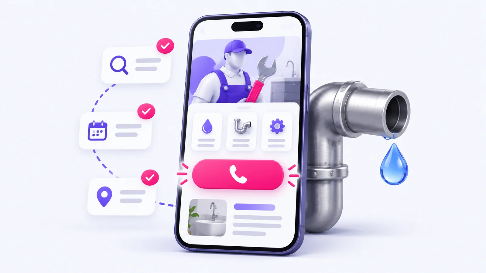 Illustration of a plumbing website on a phone with a clear call button, service checks and pipework.