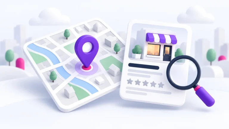 Illustration of a local business profile beside a map pin and magnifying glass.