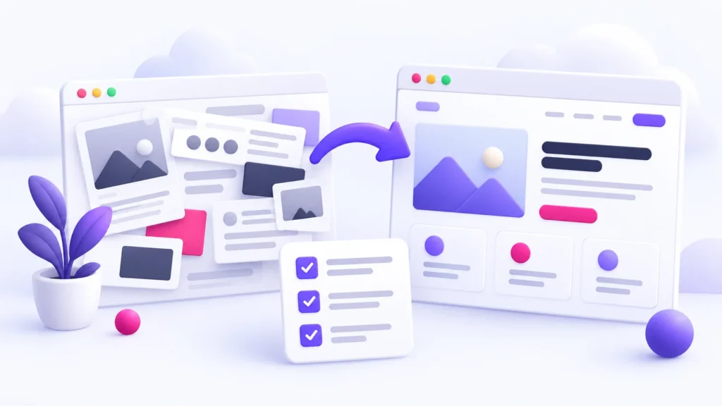 Illustration of a cluttered website becoming a clear, organized layout, with a redesign checklist.
