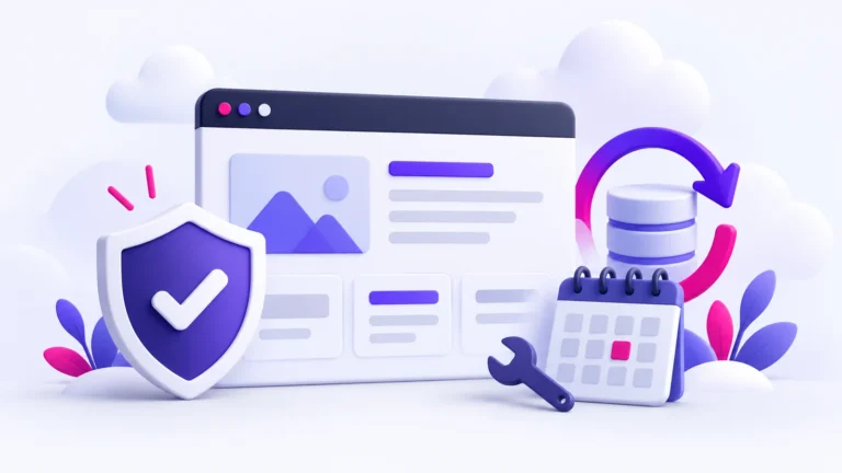 Illustration of a website with a maintenance calendar, backup storage and a shield checkmark.